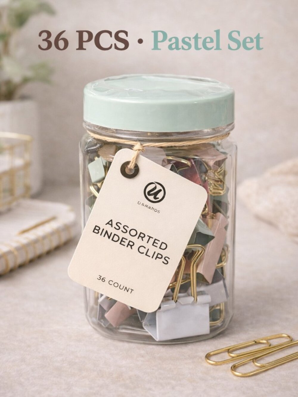 Assorted Binder Clips Jar 36 Count Pastel Gold Office Desk Accessories